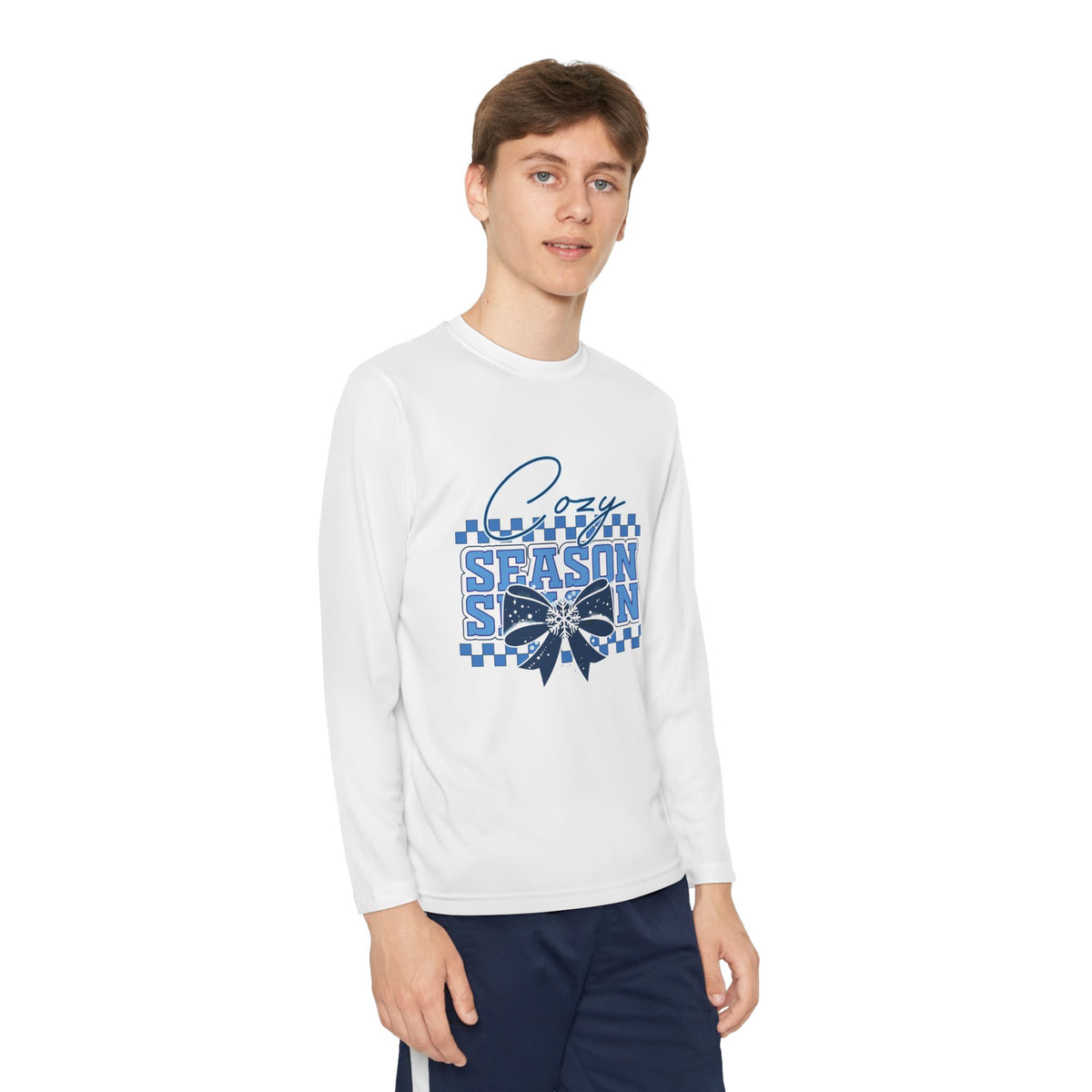 Youth Long Sleeve Tee — "Cozy Season" Blue Checkerboard Poinsettia