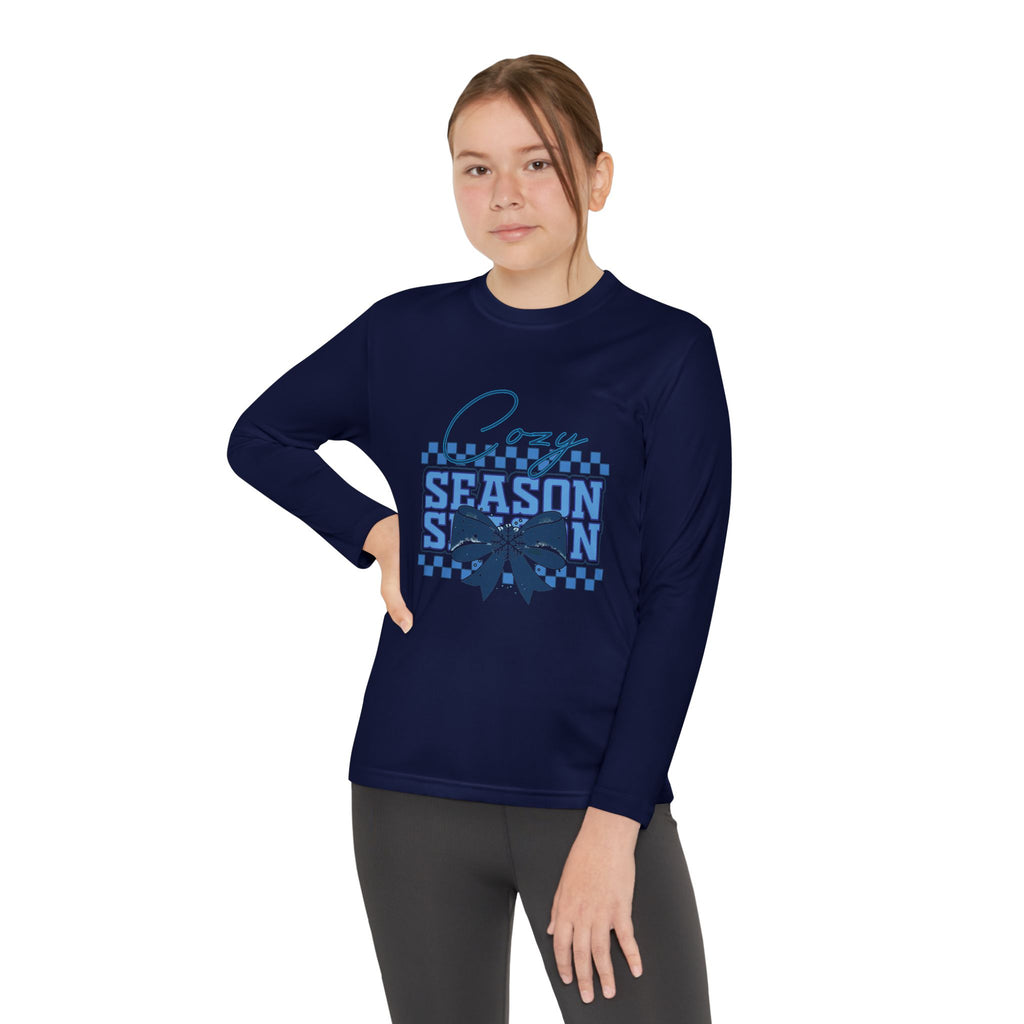 Youth Long Sleeve Tee — "Cozy Season" Blue Checkerboard Poinsettia