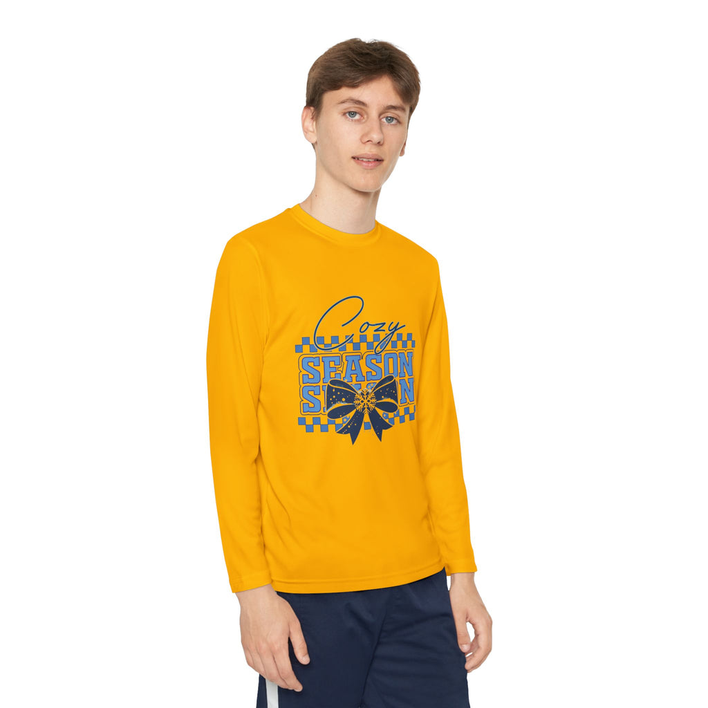 Youth Long Sleeve Tee — "Cozy Season" Blue Checkerboard Poinsettia