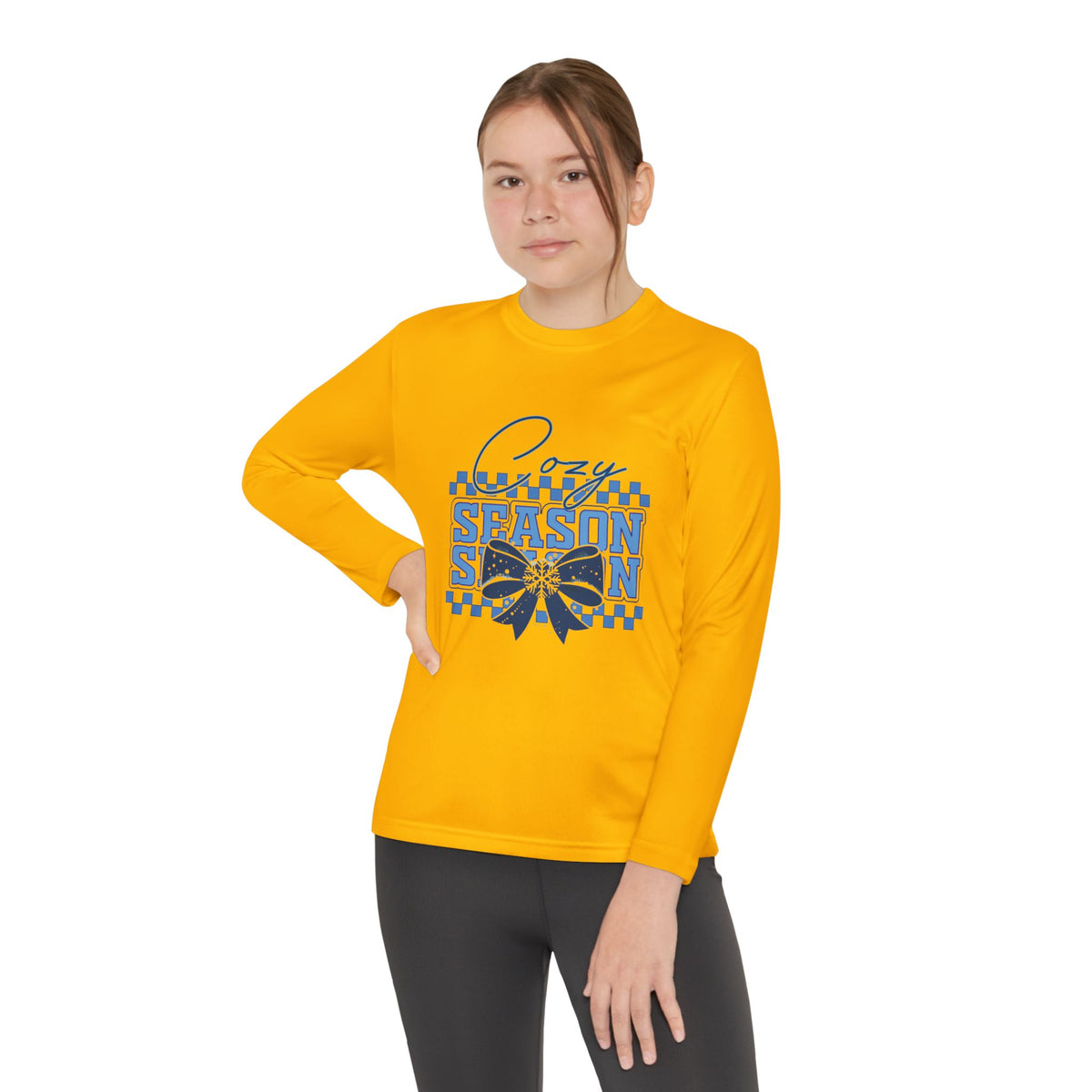 Youth Long Sleeve Tee — "Cozy Season" Blue Checkerboard Poinsettia