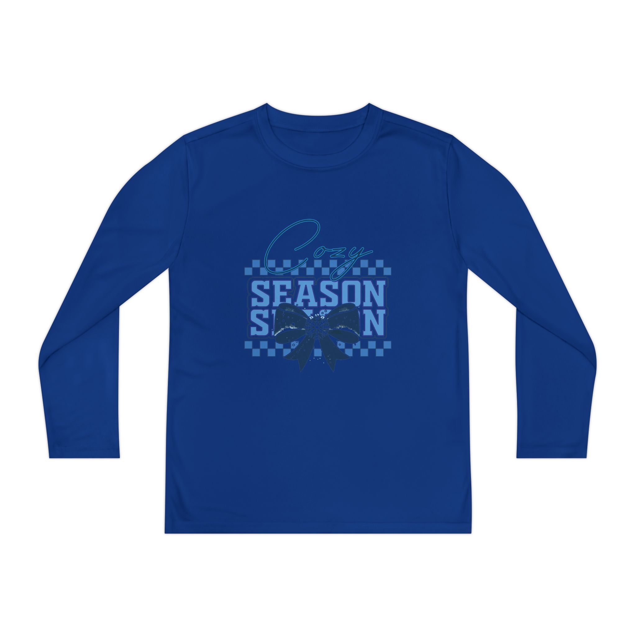 Youth Long Sleeve Tee — "Cozy Season" Blue Checkerboard Poinsettia