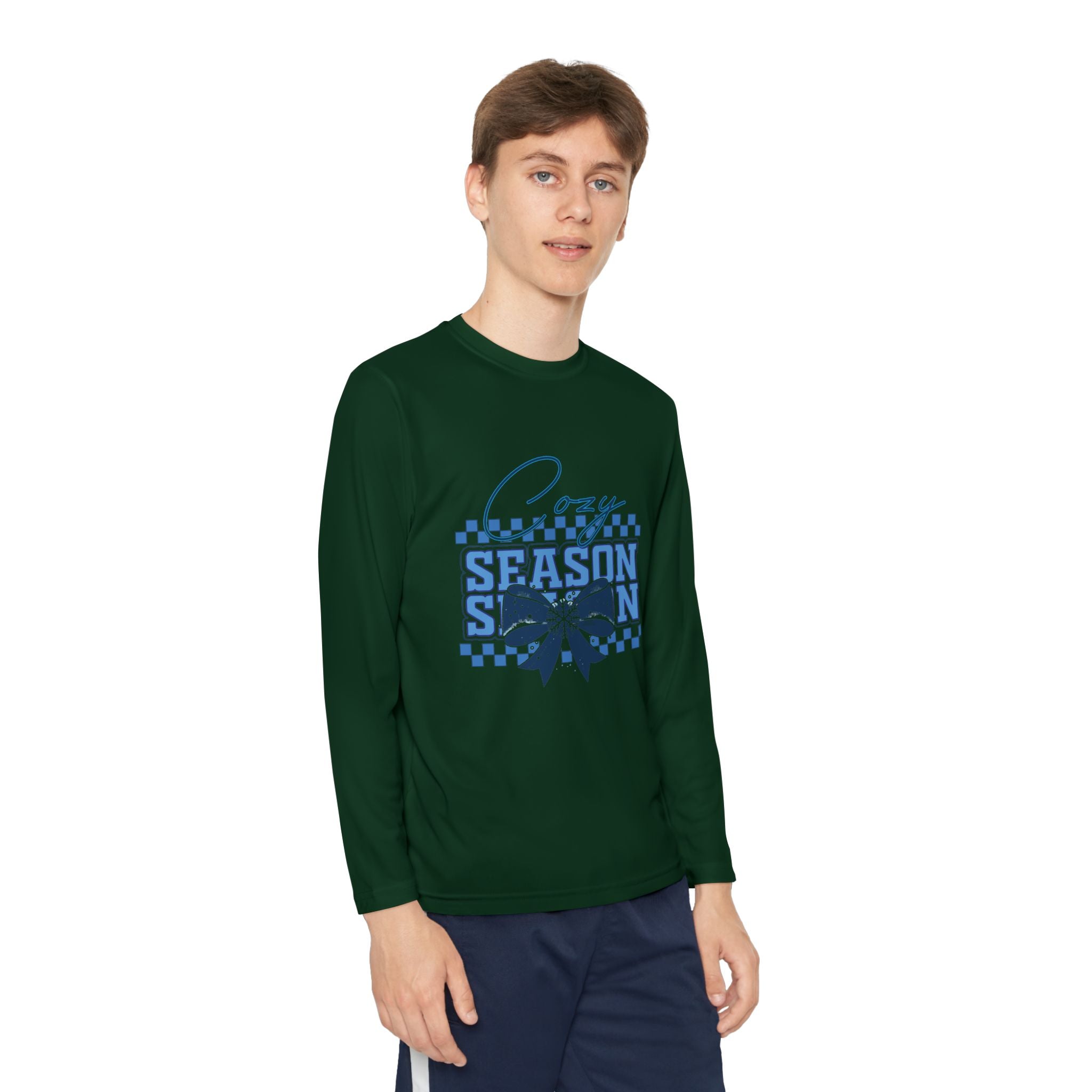 Youth Long Sleeve Tee — "Cozy Season" Blue Checkerboard Poinsettia