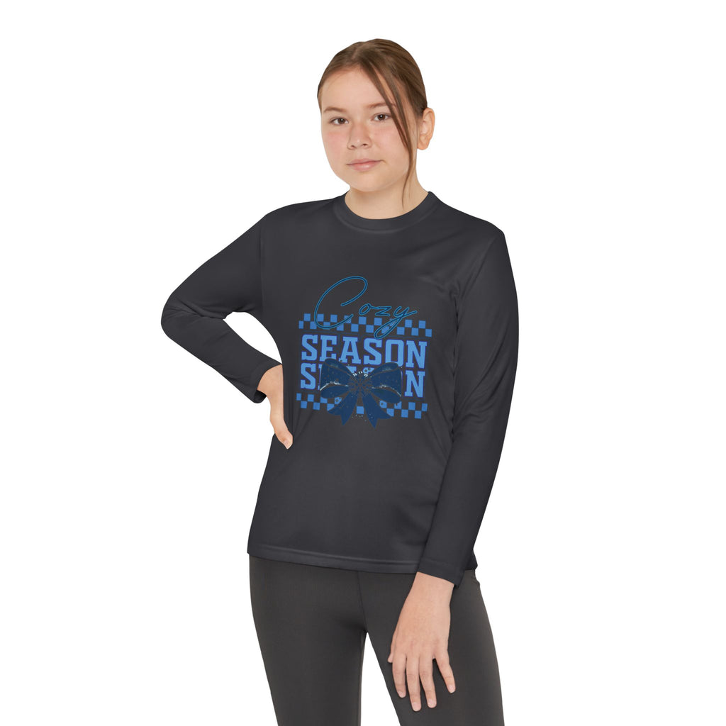 Youth Long Sleeve Tee — "Cozy Season" Blue Checkerboard Poinsettia