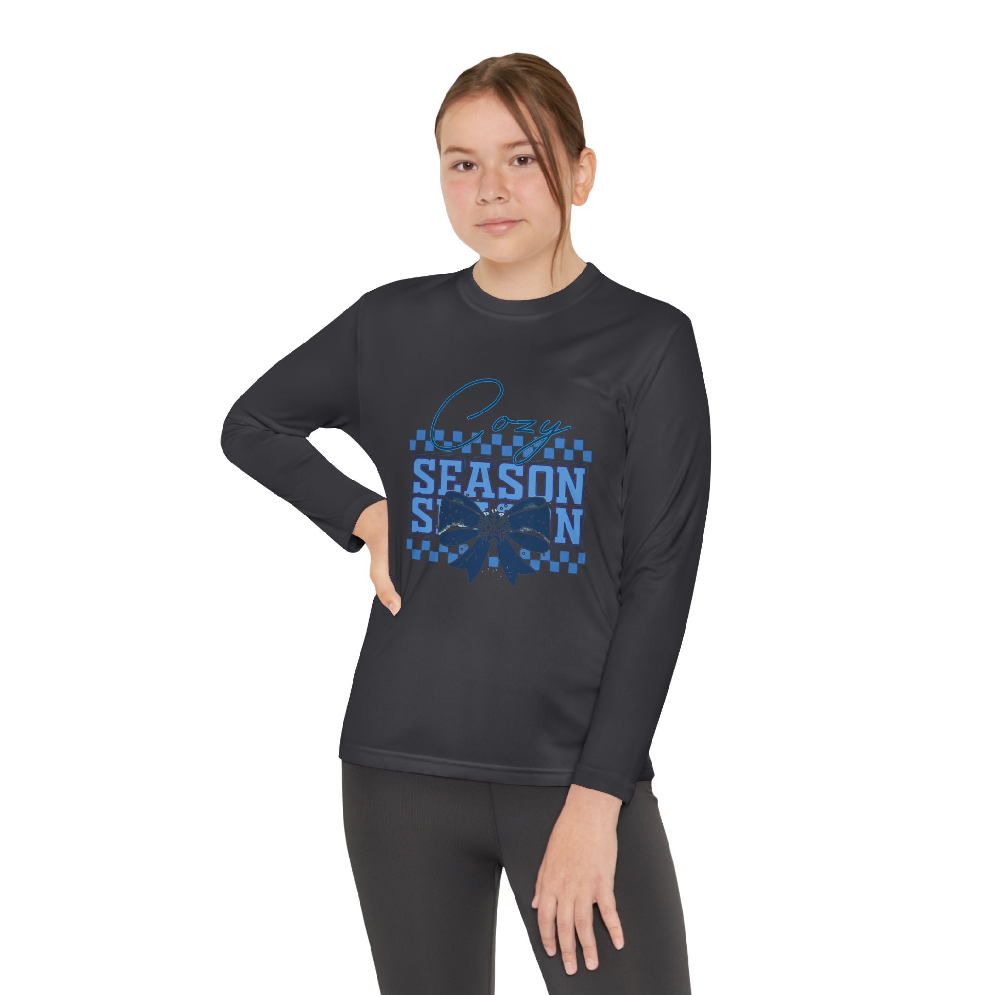 Youth Long Sleeve Tee — "Cozy Season" Blue Checkerboard Poinsettia
