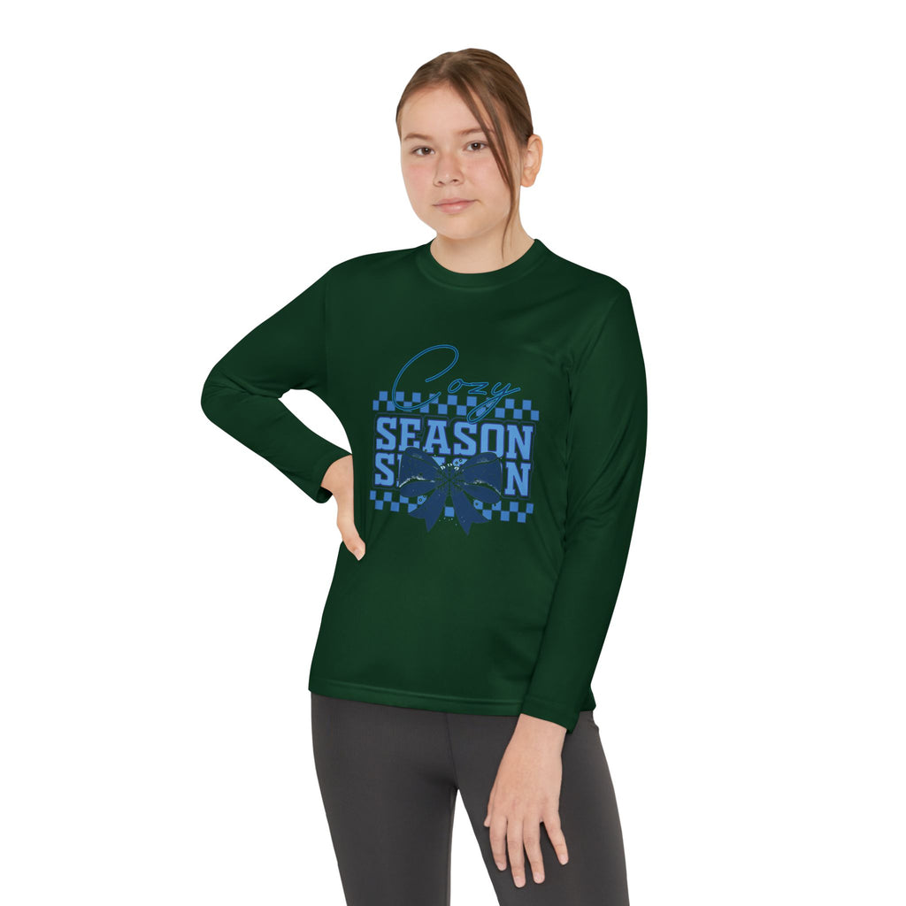 Youth Long Sleeve Tee — "Cozy Season" Blue Checkerboard Poinsettia