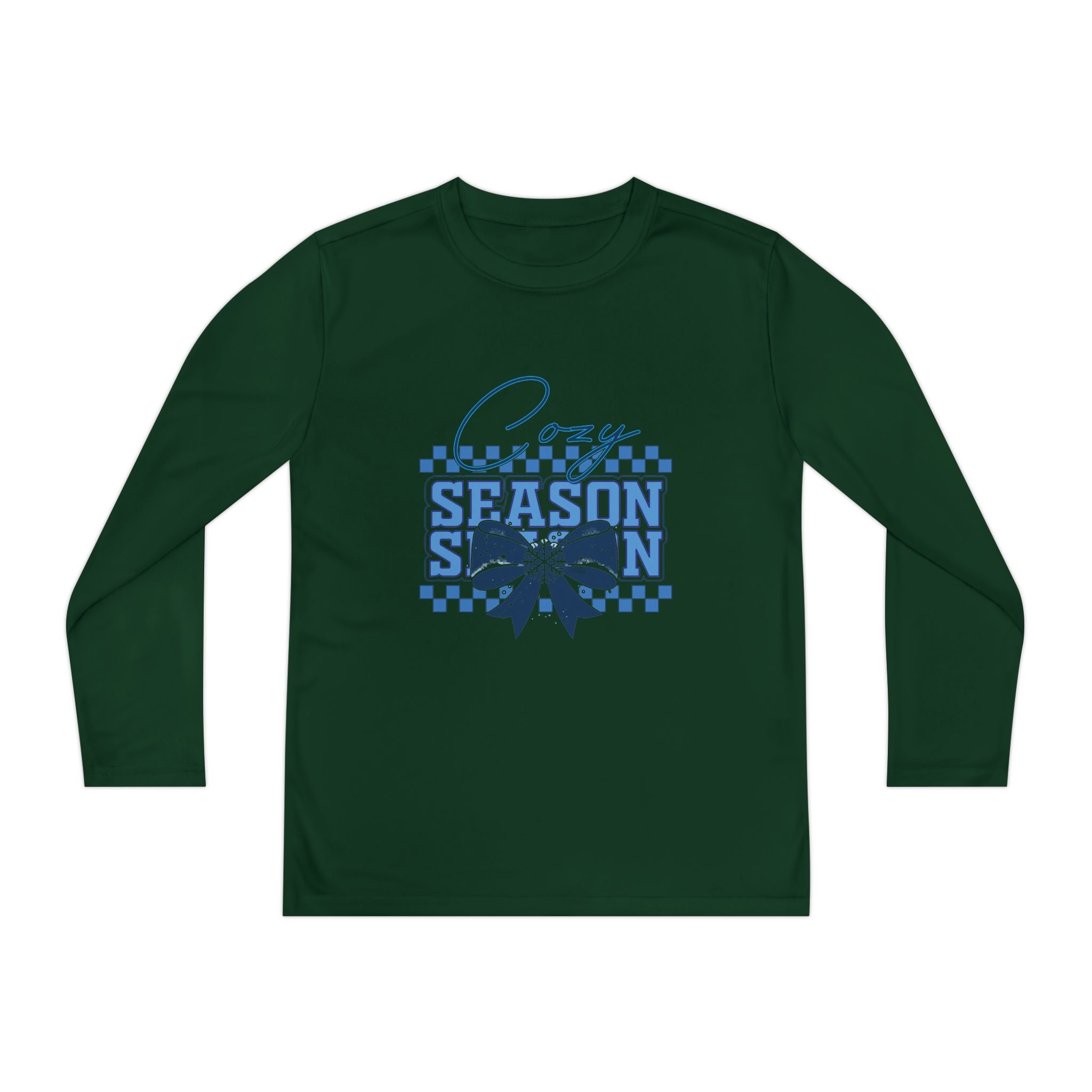 Youth Long Sleeve Tee — "Cozy Season" Blue Checkerboard Poinsettia