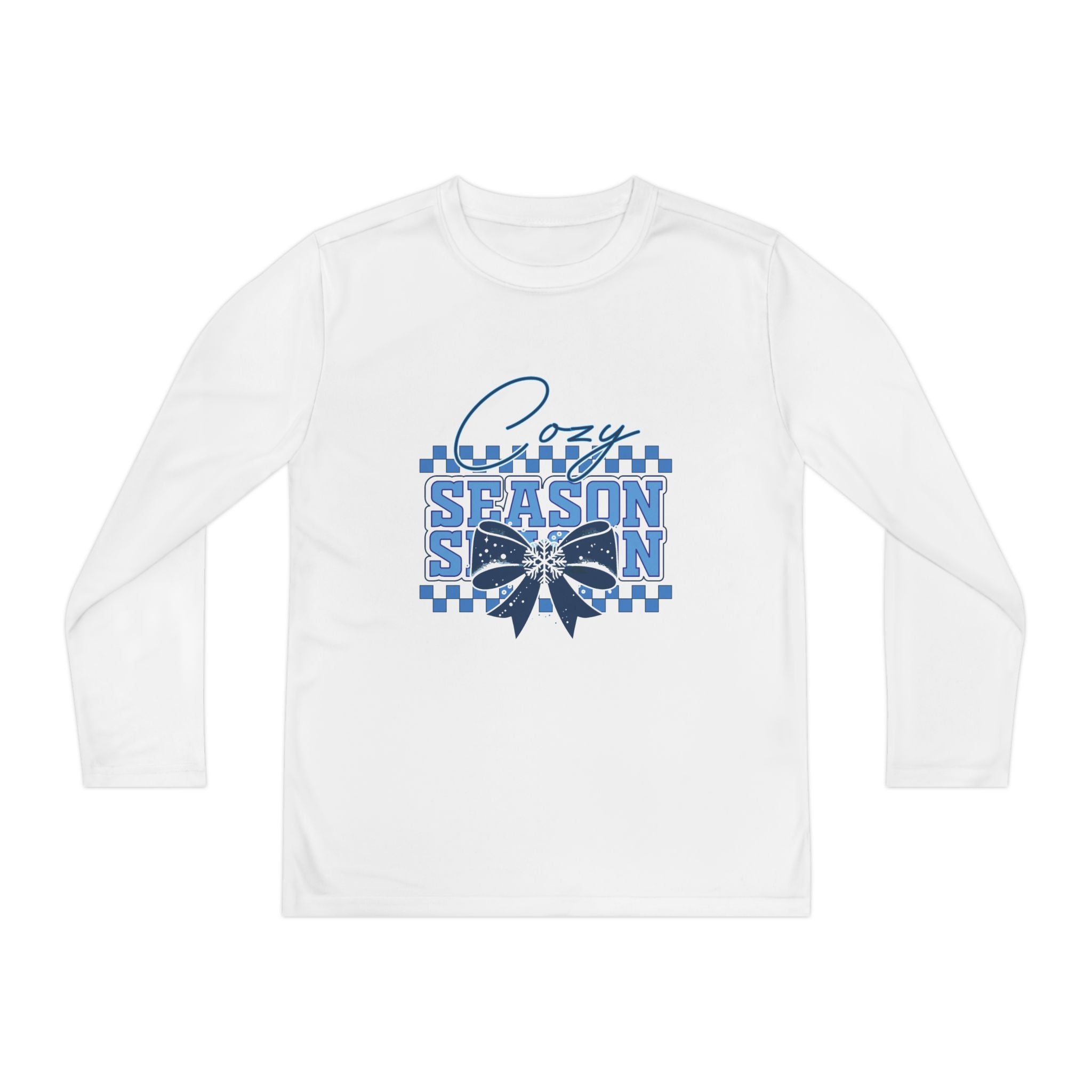 Youth Long Sleeve Tee — "Cozy Season" Blue Checkerboard Poinsettia