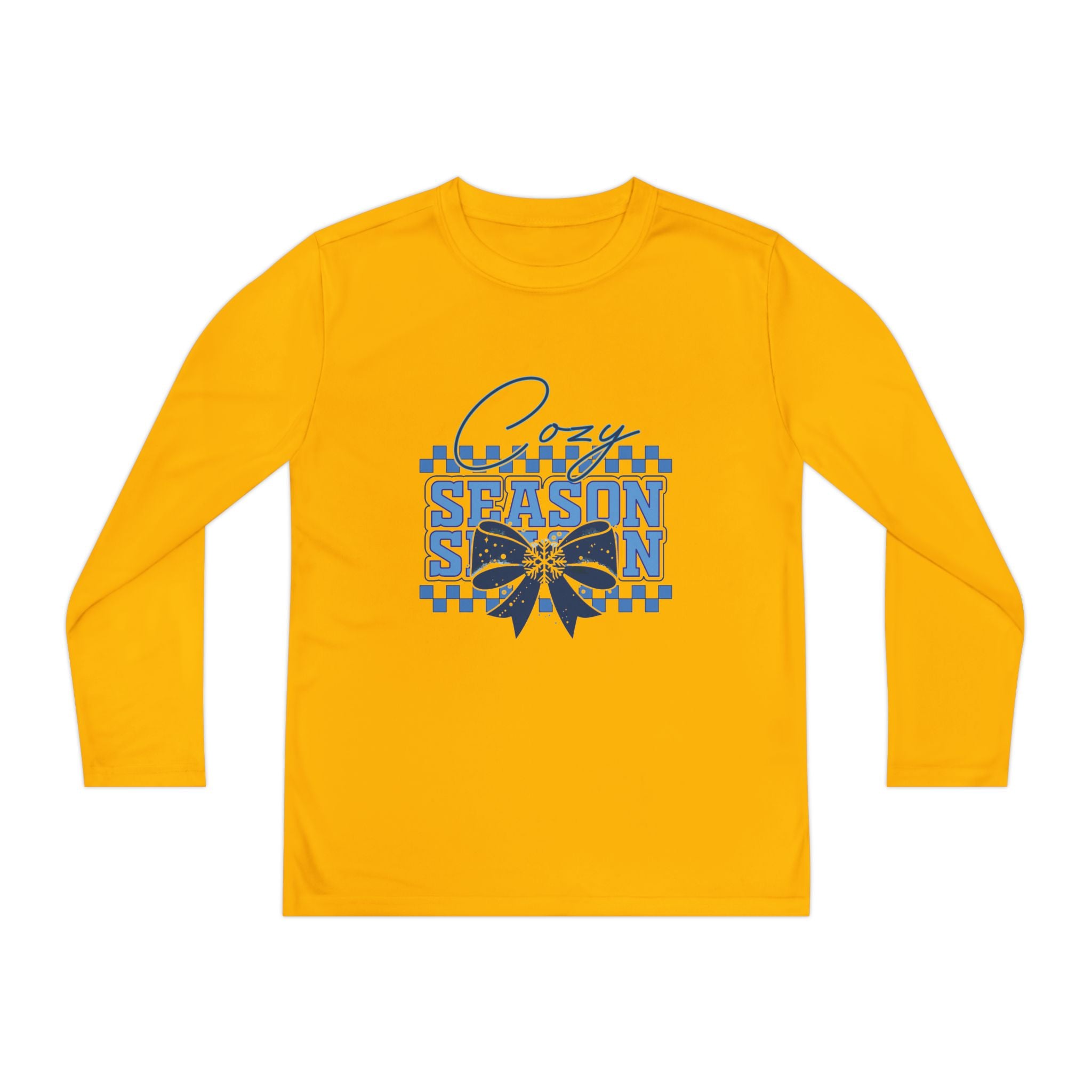 Youth Long Sleeve Tee — "Cozy Season" Blue Checkerboard Poinsettia