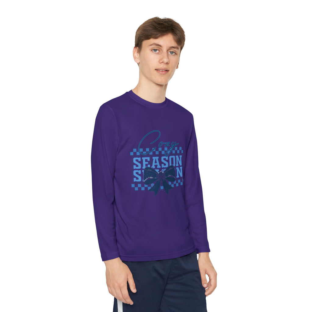 Youth Long Sleeve Tee — "Cozy Season" Blue Checkerboard Poinsettia