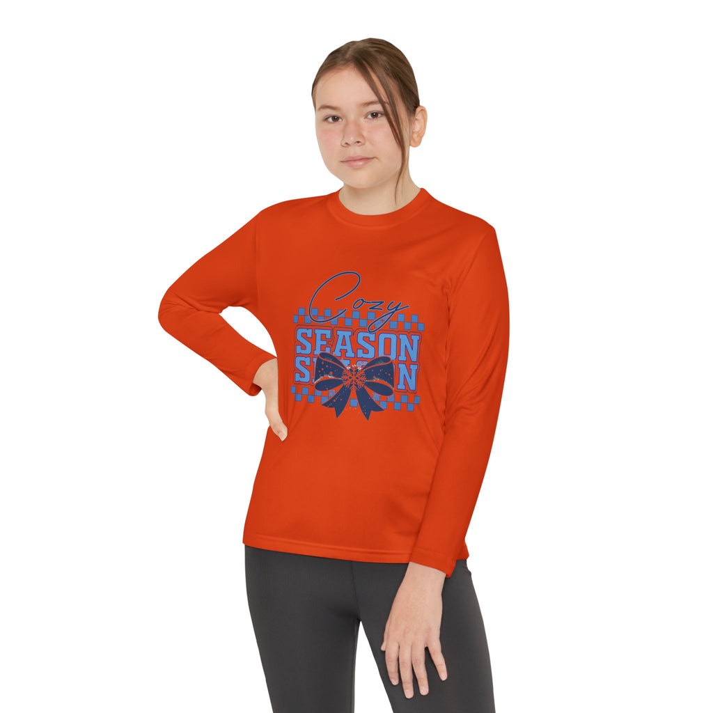 Youth Long Sleeve Tee — "Cozy Season" Blue Checkerboard Poinsettia