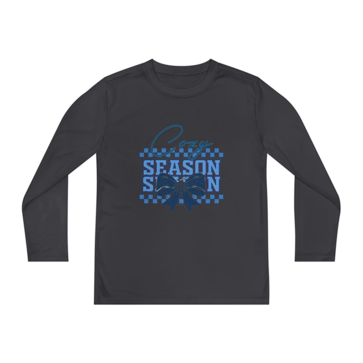 Youth Long Sleeve Tee — "Cozy Season" Blue Checkerboard Poinsettia