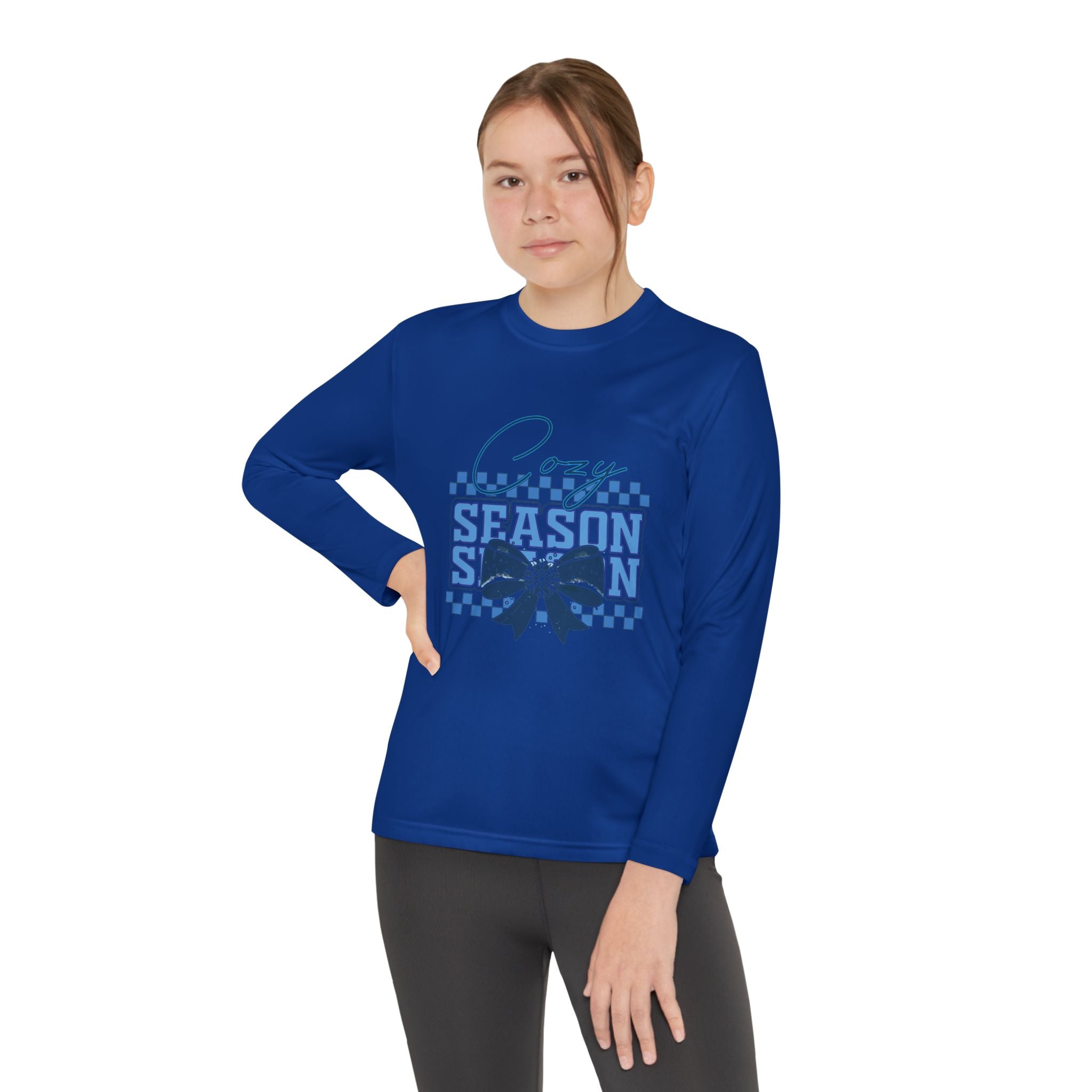 Youth Long Sleeve Tee — "Cozy Season" Blue Checkerboard Poinsettia
