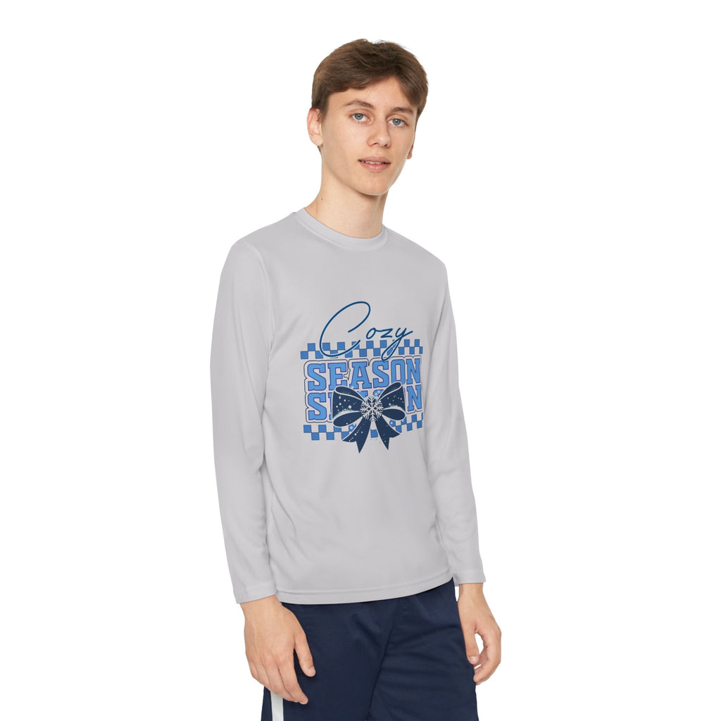 Youth Long Sleeve Tee — "Cozy Season" Blue Checkerboard Poinsettia