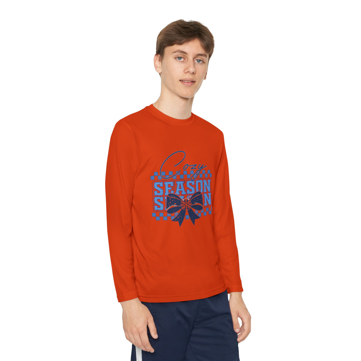 Youth Long Sleeve Tee — "Cozy Season" Blue Checkerboard Poinsettia