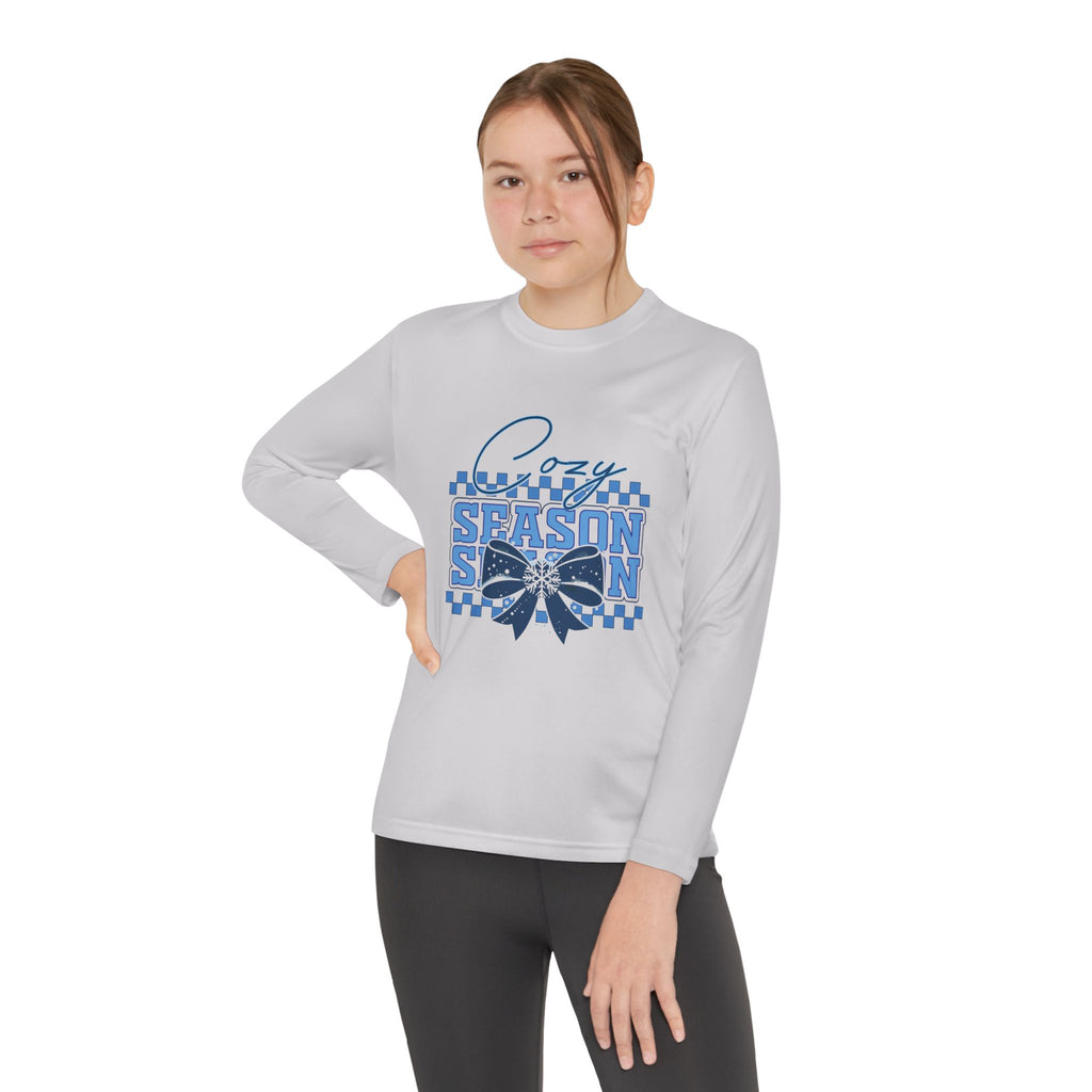 Youth Long Sleeve Tee — "Cozy Season" Blue Checkerboard Poinsettia