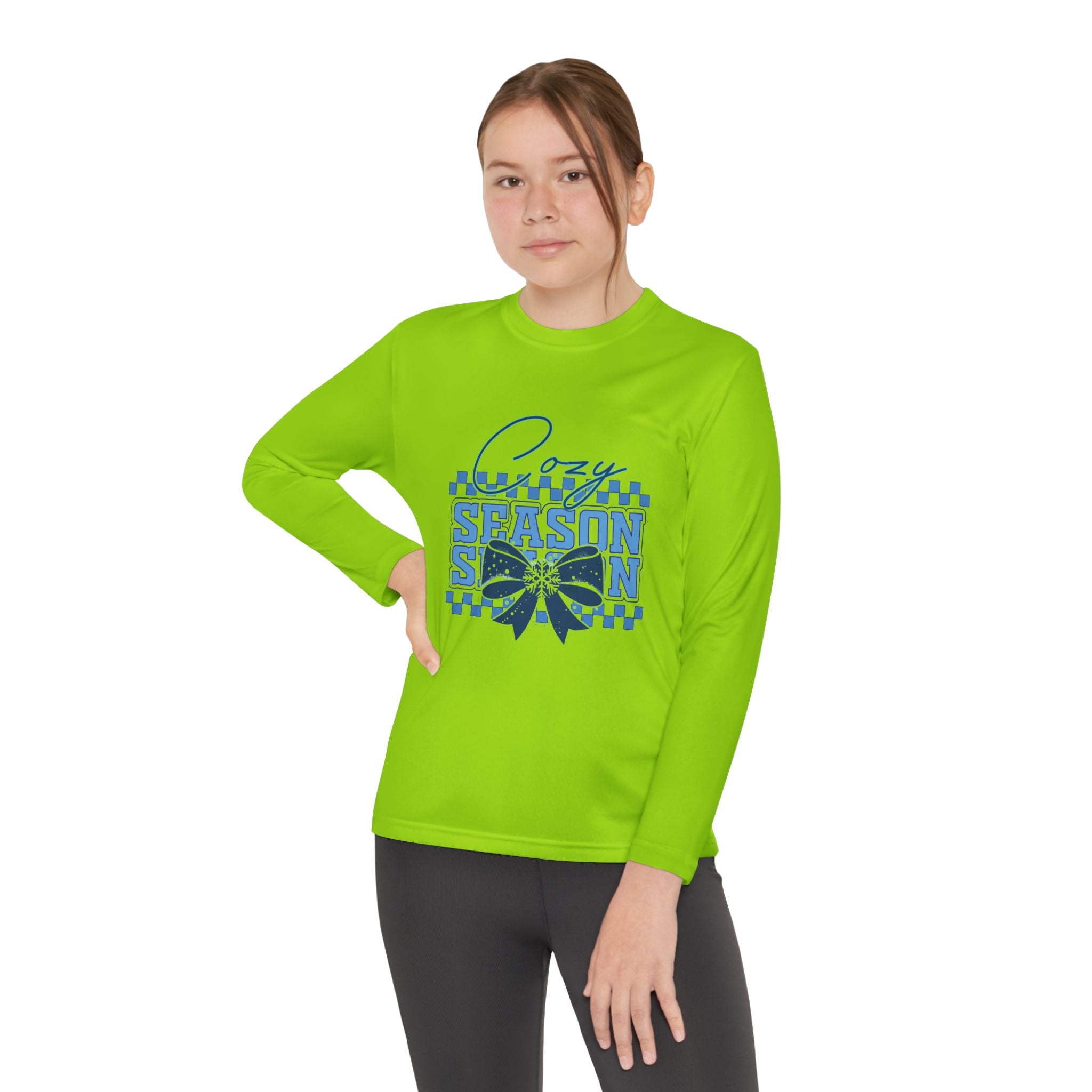 Youth Long Sleeve Tee — "Cozy Season" Blue Checkerboard Poinsettia
