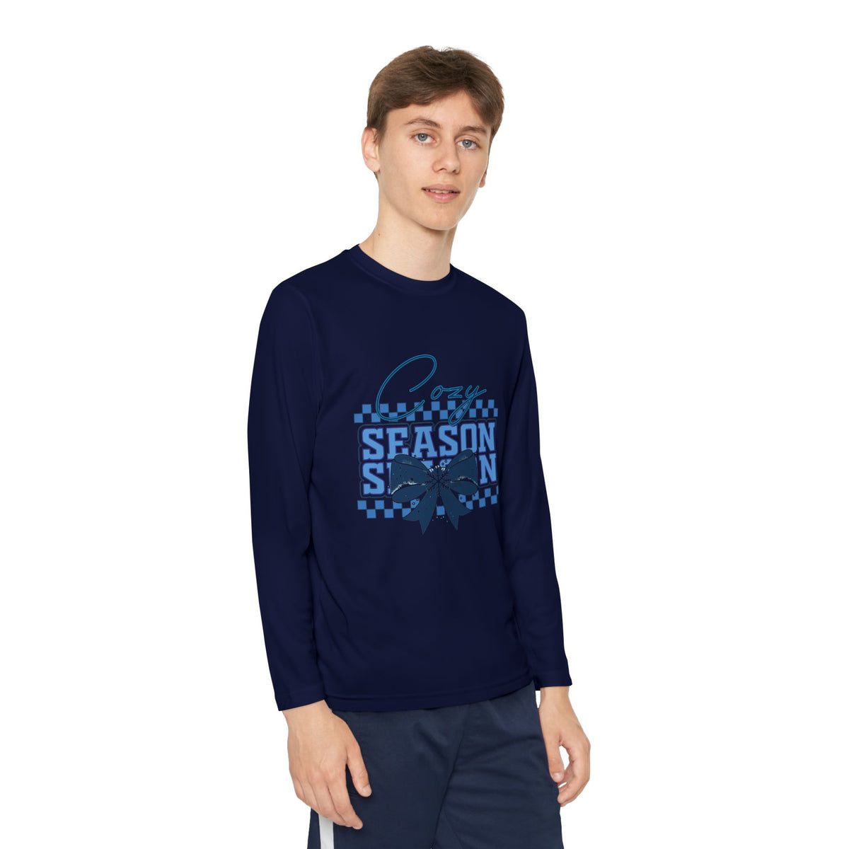 Youth Long Sleeve Tee — "Cozy Season" Blue Checkerboard Poinsettia