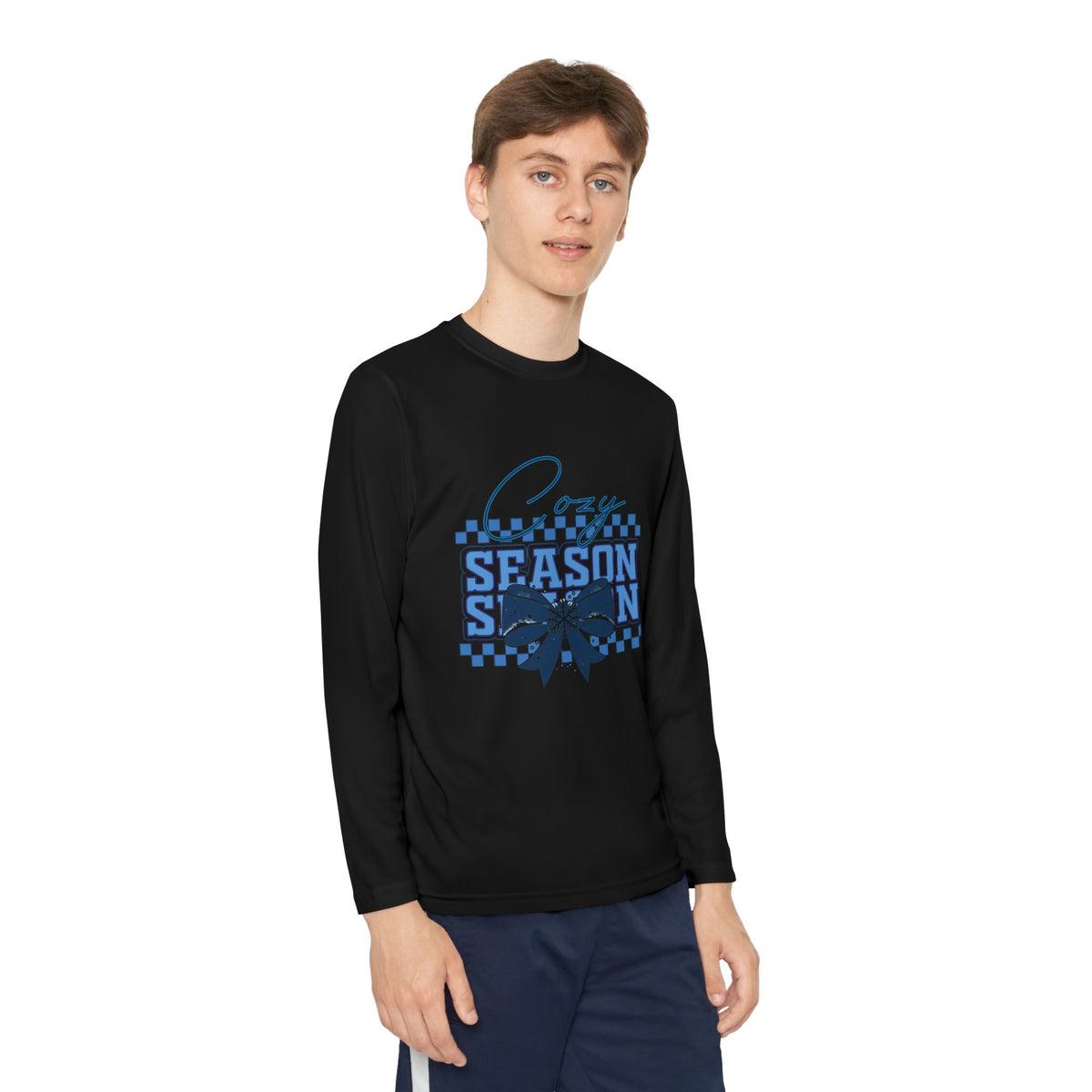 Youth Long Sleeve Tee — "Cozy Season" Blue Checkerboard Poinsettia