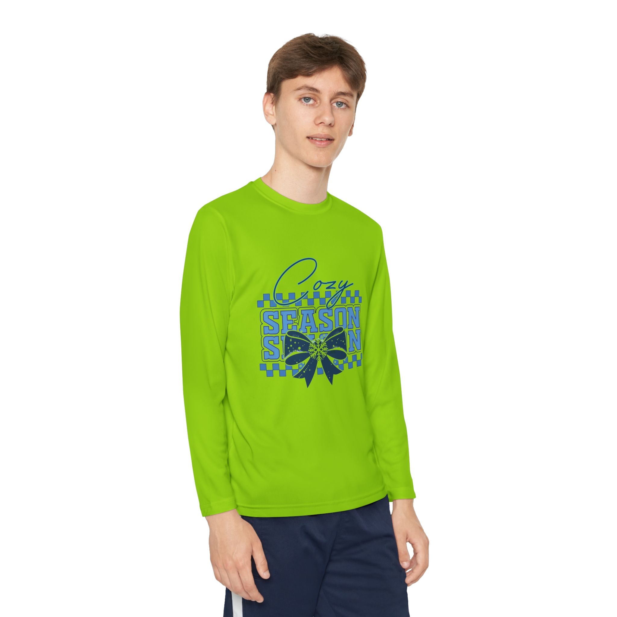 Youth Long Sleeve Tee — "Cozy Season" Blue Checkerboard Poinsettia