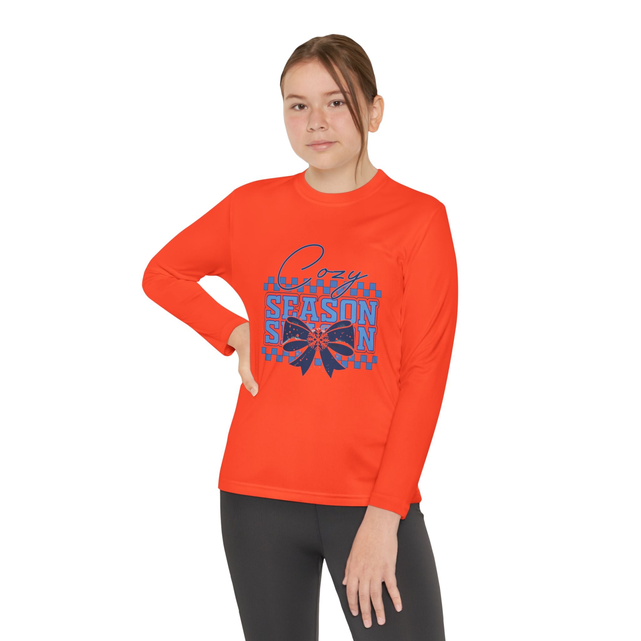 Youth Long Sleeve Tee — "Cozy Season" Blue Checkerboard Poinsettia