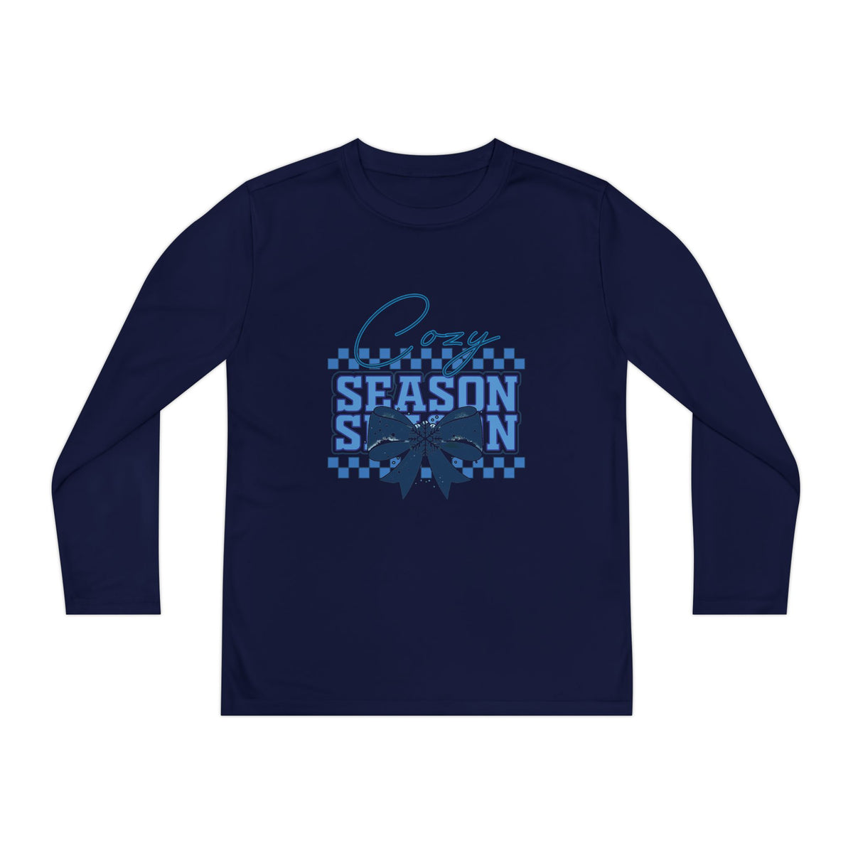 Youth Long Sleeve Tee — "Cozy Season" Blue Checkerboard Poinsettia