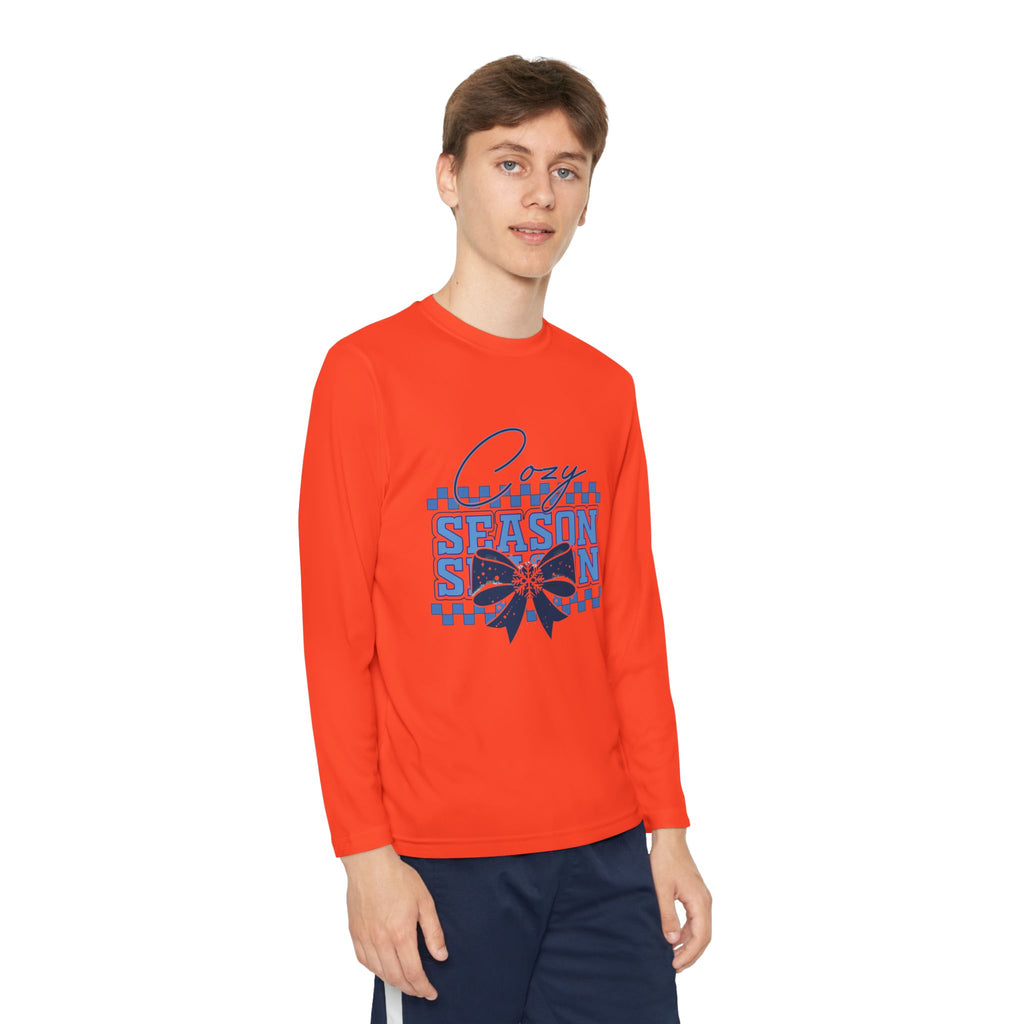 Youth Long Sleeve Tee — "Cozy Season" Blue Checkerboard Poinsettia