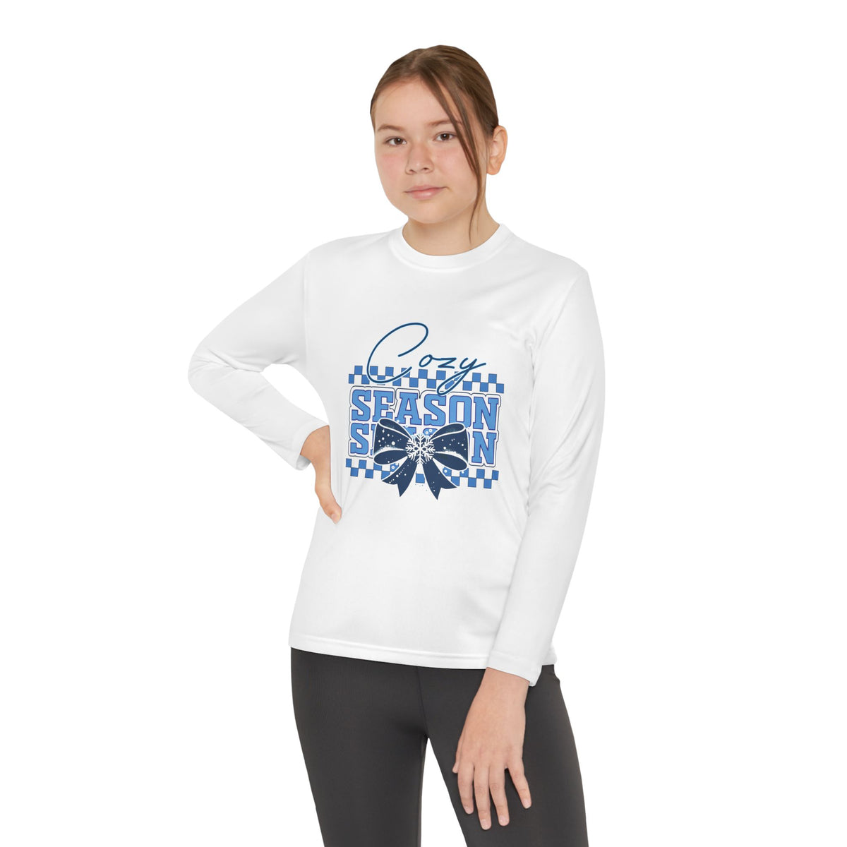 Youth Long Sleeve Tee — "Cozy Season" Blue Checkerboard Poinsettia