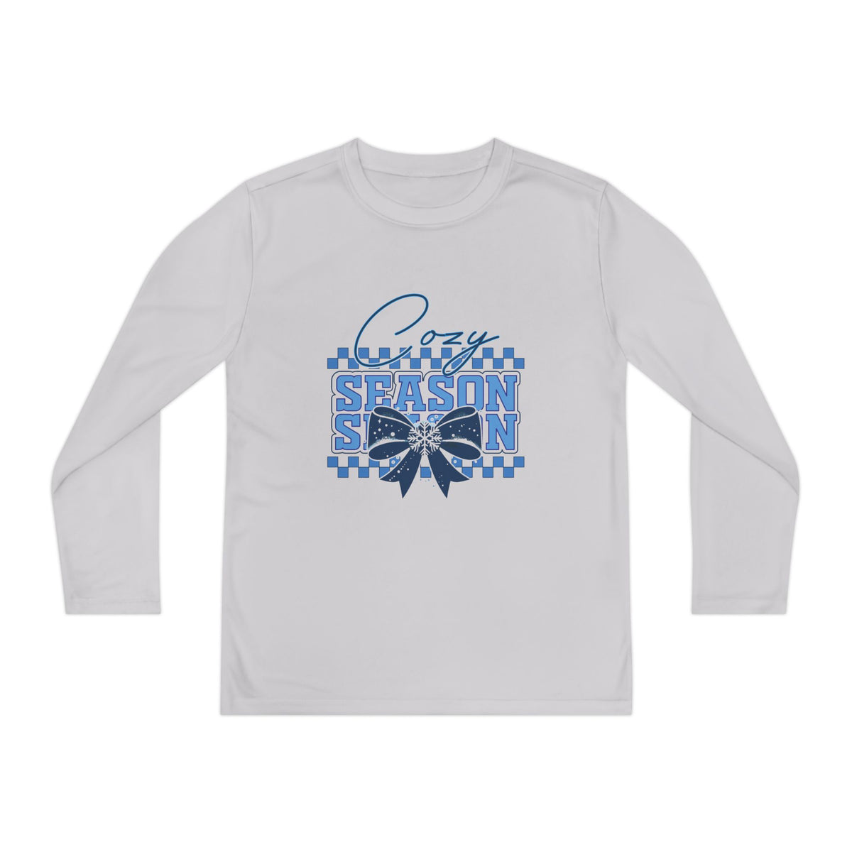 Youth Long Sleeve Tee — "Cozy Season" Blue Checkerboard Poinsettia