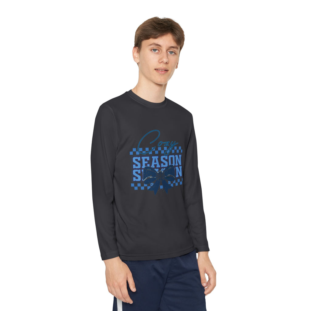 Youth Long Sleeve Tee — "Cozy Season" Blue Checkerboard Poinsettia