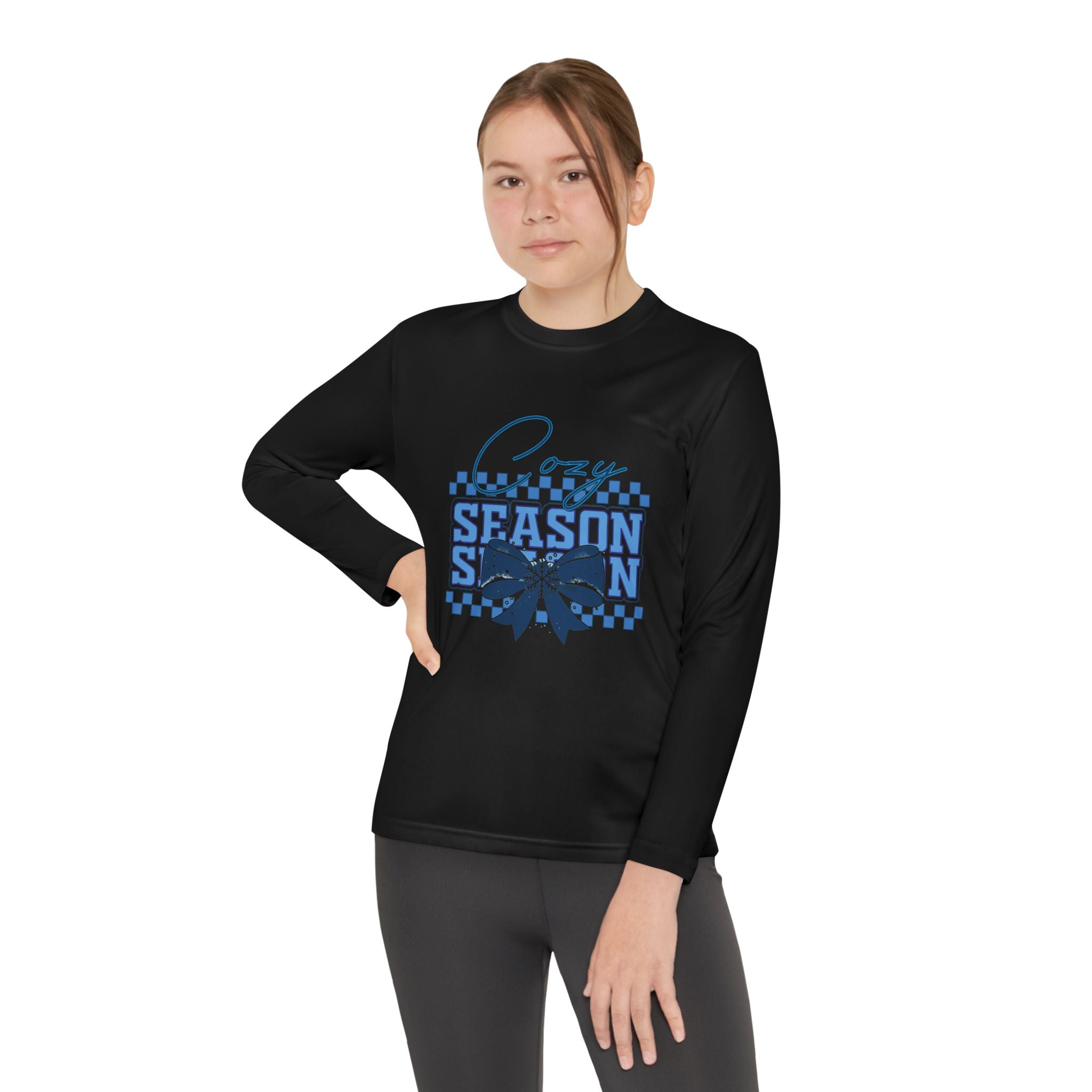 Youth Long Sleeve Tee — "Cozy Season" Blue Checkerboard Poinsettia
