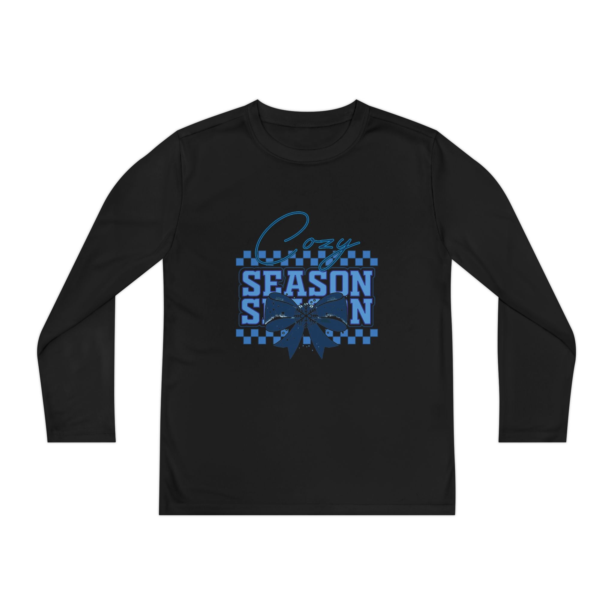 Youth Long Sleeve Tee — "Cozy Season" Blue Checkerboard Poinsettia