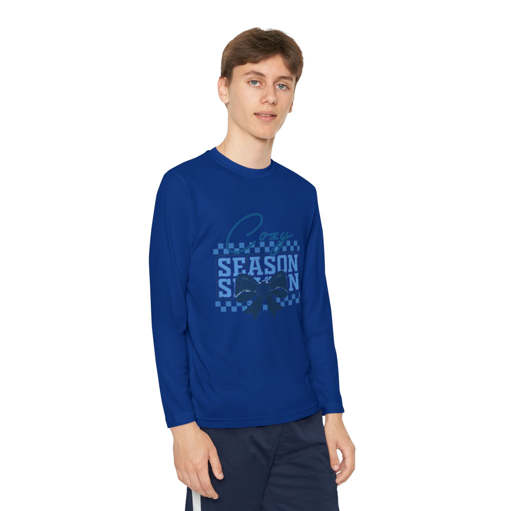 Youth Long Sleeve Tee — "Cozy Season" Blue Checkerboard Poinsettia
